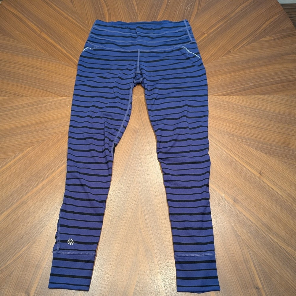 Athleta Leggings Womens XS Blue Black Striped Mesh Ruched Running Tights